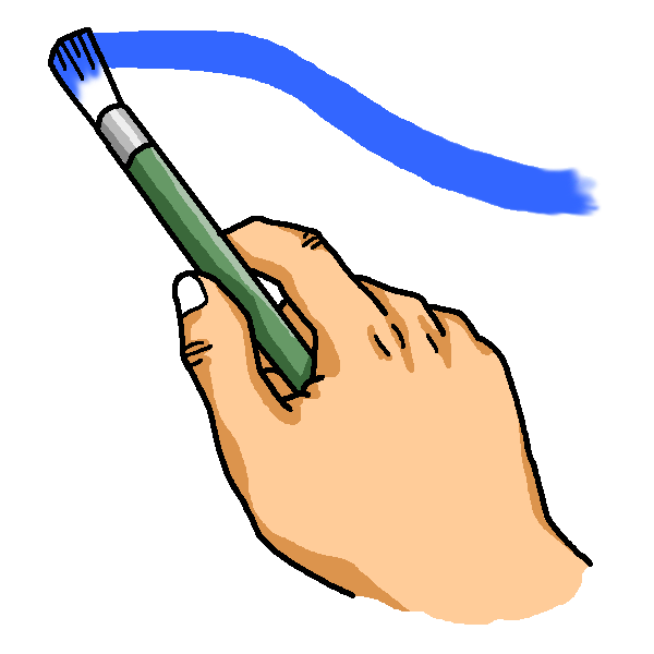 イラスト:青い絵の具で線を描いている筆を筆を握る手