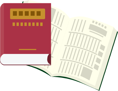 イラスト:赤い背表紙の辞書と緑の背表紙の開いている辞書